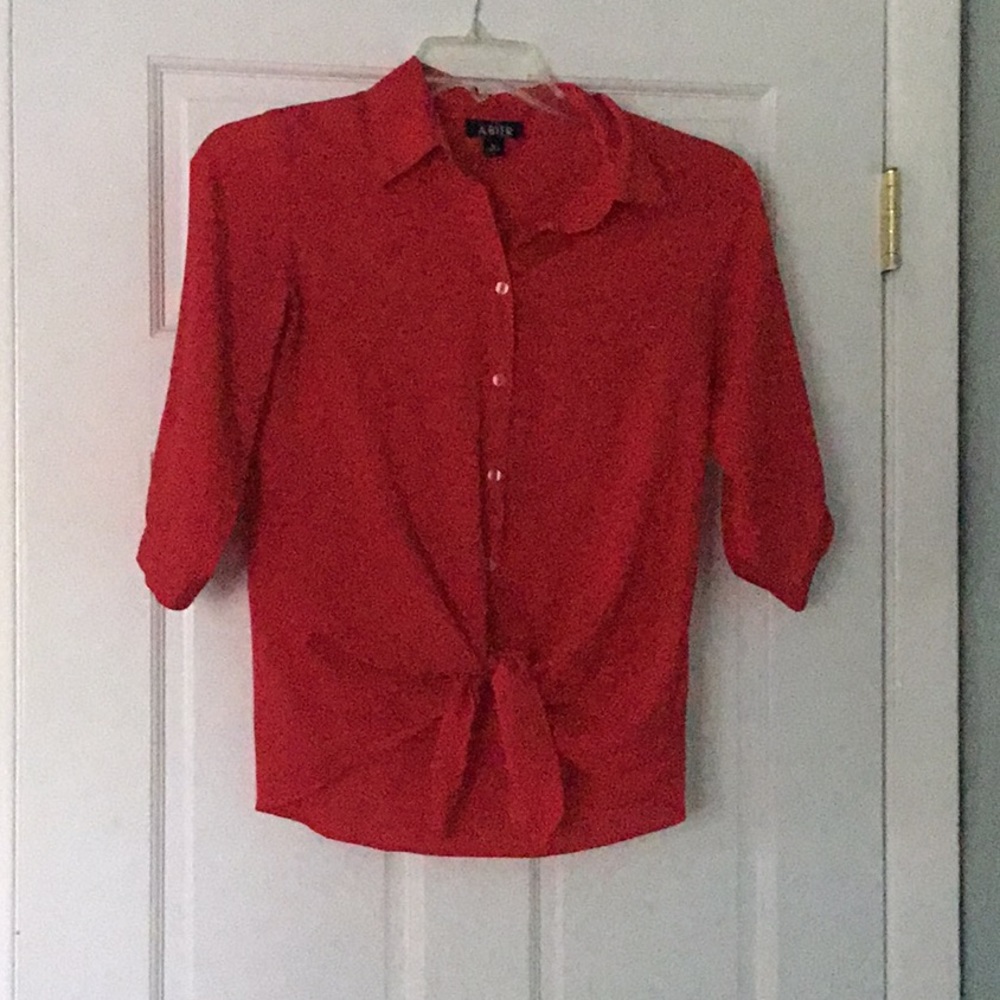 Red tie bottom blouse